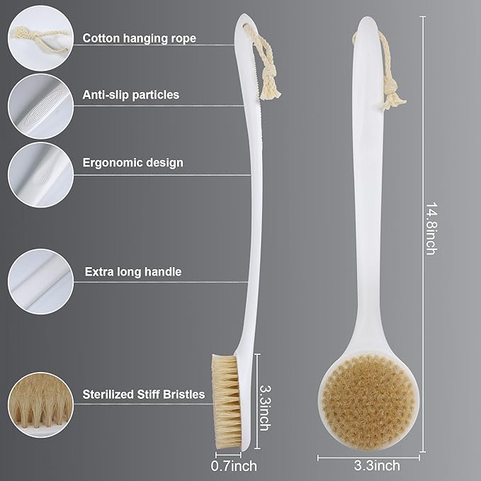 OWIIZI Back Scrubber for Shower with Natural Bristles Anti Slip Bath Brushes Long Handle Antiskid Shower Body Scrubber for Wet or Dry Exfoliating Back Scrub Deep Cleanse
