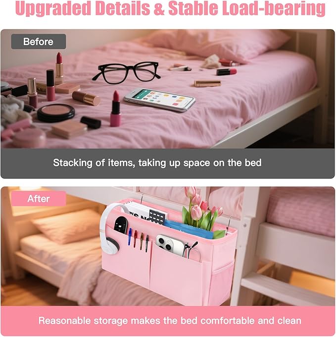 Bedside Caddy Organizer with Fixed Straps, Bunk Bed Caddy ideal for Home, Bunk Bed, Dorm, Hospital, Crib, Versatile Bedside Storage Solution (Pink)