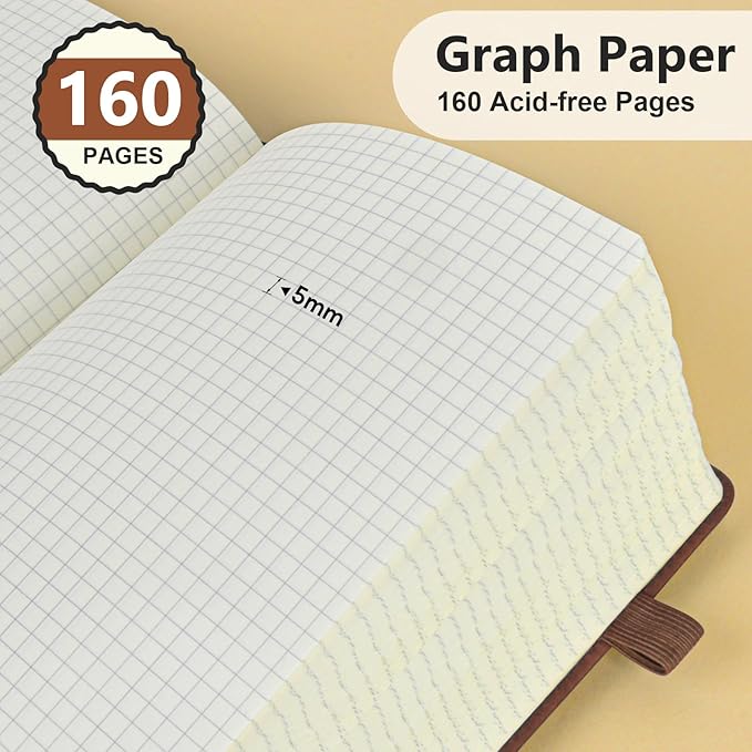 Graph Paper Notebook, 160 Pages Grid Journal for women & men, A5 Hardcover Leather Graphing Notebook for School, Work, Travel, Note Taking 5.9”x8.5” (Brown)