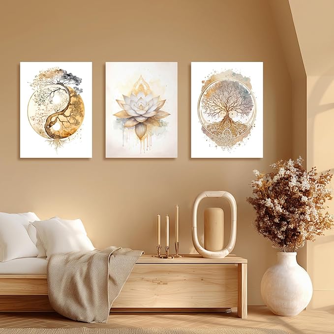 GELDSTEI Tree of Life Wall Art, Calming Zen Wall Decor, Abstract Yin Yang Tree Canvas Painting, Modern Gold Lotus Flower Meditation Poster Print for Living Room Yoga Room Bedroom Framed 12"x16"x3