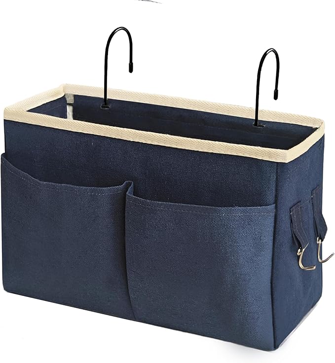 Bedside Caddy Bedside Hanging Storage Basket Multi-Function Organizer Caddy for Bunk and Hospital Beds Dorm Rooms Bed Rails, Can be Placed Glasses Books Mobile Phones(Navy Blue)