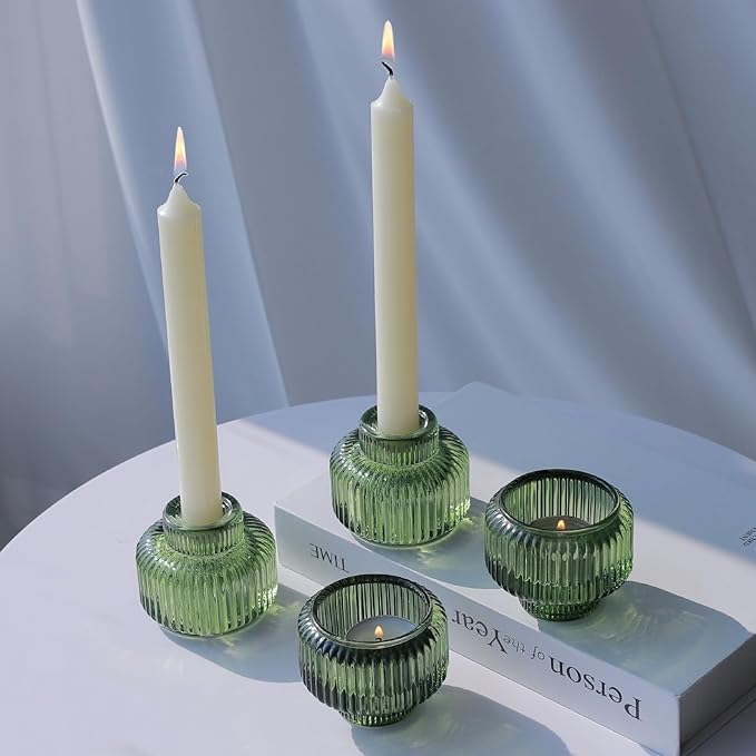Woho Green Taper Candle Holders Set of 8 for Christmas Party Decor, Reversible Candle Sticks Holder Decor for Wedding Table Centerpiece, Vintage Ribbed Glass Candlestick Holders for Home Decor