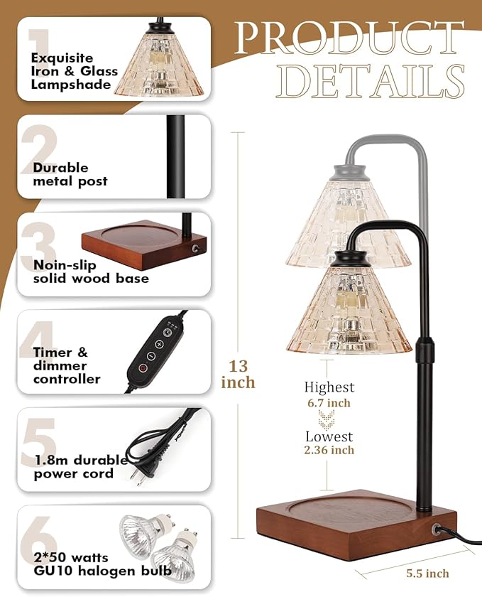 Vintage Candle Warmer Lamp with Timer Dimmer, Adjustable Height, House Warming Christmas Birthday Gifts for Women Mom, White Candle Lamp Warmer, Wax Warmer Lamp for Jar Candles with 2 Bulbs