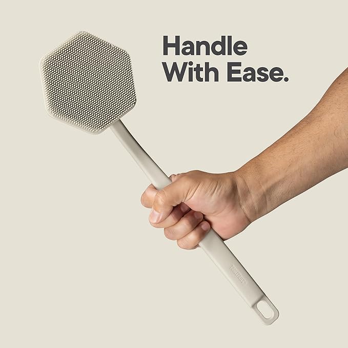 TOOLETRIES Silicone Back Scrubber with Hook - Exfoliating Shower Brush, Back Washer for Men, Durable Back Brush with Long Handle - Long Lasting Bath & Shower Accessories - Sand