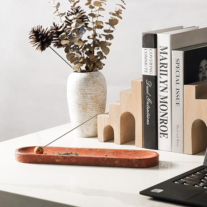 Koville Red Travertine Incense Holder, Incense Holder for Sticks, Natural Stone Incense Burner Ash Catcher for Meditation Yoga SPA, Balsam Fir/Palo Santo/Sage/Cone, Home Table Decor