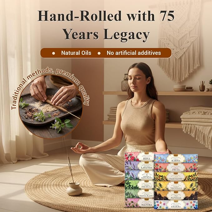 Tulasi Incense Sticks Set of 12 Scents (180 Sticks) Variety Natural Fragrances - Lavender, White Sage, Patchouli, Rose, Chakra, Mantra, Sandalwood, Palo Santo, Fruit for Positive Vibes, Thanks Giving