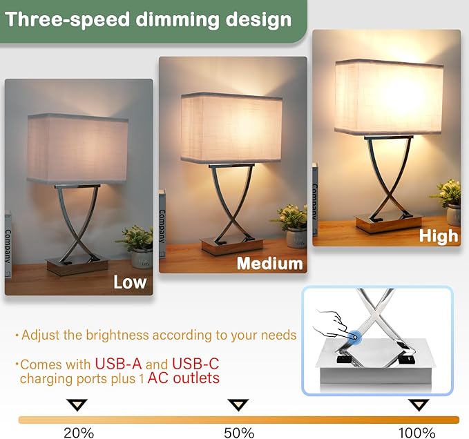 21.38" Table Lamp for Bedroom Living Room 3-Way Dimmable Touch Control Medium Chrome Bedside lamp with USB A+C Ports,Nightstand Lamp with White Linen Shade Bulb Included (White-Chrome)