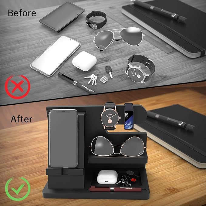 Gifts for Men Desk Organizer Wooden Phone Docking Station Key Wallet Holder Watch Organizer Men Birthday Gifts for Dad Birthday Gift Nightstand Organizer