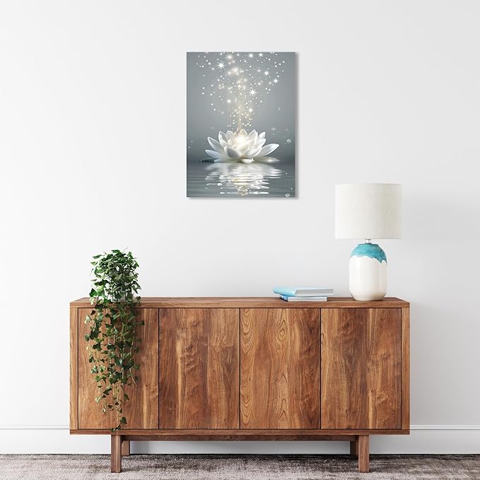 Ypxzzj Framed White Lotus Flower Wall Art for Living Room, Zen Canvas Wall Art for Yoga Bedroom,Meditation Spiritual Wall Decor Print for Bathroom Study Room Ready to Hang(16''x24'')