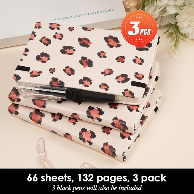 Small Journal Notebook, 3 Pack Mini Pocket Notepad with Pen, A6 (3.7" x 5.7") Leopard Cover Lined Notebook Journals for Women, 100GSM Paper, Prefect for Office Home School Supplies