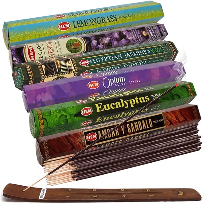 Hem Incense Sticks Variety Pack #28 and Incense Stick Holder Bundle with 6 Outstanding Fragrances