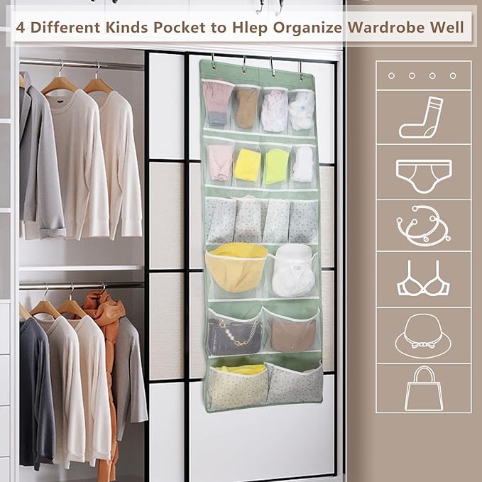 18 Pocekts Over the Door Shoes Organizer,Behind Door Hanging Storage Pocekt for Sock,Underwear,Hat,Handbag,Back of Door Hanging Shelf for Bedroom,Bathroom,Entryway,Storeroom,Pantry,Dorm,Nursery,2 Pack
