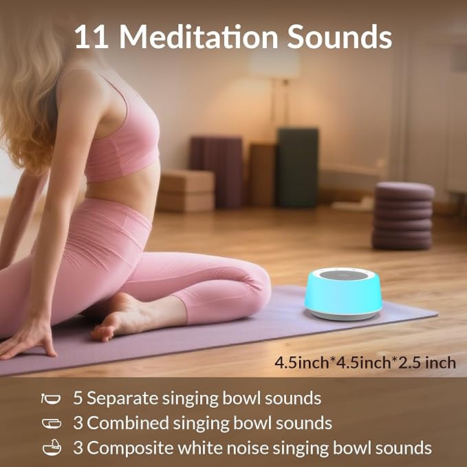 Kipcush Tibetan Singing Bowls Sound Machine - 11 Different Sized Sound Bowls with Night Light for Yoga, Meditation, Mindfulness, Healing, Chakra Healing and Stress Relief, Timer, Plug in