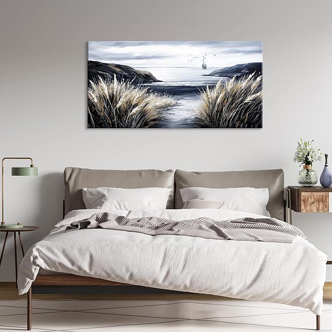 ZESTRILIA Country Beach Coastal Sailboat Wall Art for Living Room Office Black and White Rustic Canvas Painting Prints Vintage Nautical Artwork Dining Bedroom Decor Extra Large (58x28 Inches)