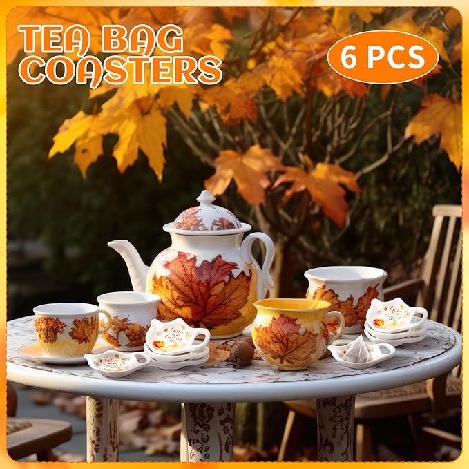 Set of 6 Thanksgiving Fall Pumpkin Tea Bag Holders Porcelain Ceramic Teapot Shaped Coasters Tea Bag Plate Spoon Rests Pad Saucer Seasoning Dish Set for Party Decoration Gifts, 3.7x2.75''