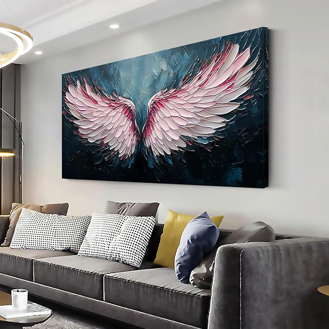 ZESTRILIA Angel Wings Wall Art for Girls Room Pink Navy Blue Canvas Oil Painting Prints Modern Abstract Fantasy Anime Artwork Living Bedroom Office Decor (40x20 Inches)