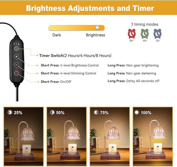 Candle Warmer Lamp, Candle Warmer Lamp Adjustable Height, Candle Warmer Light with Timer & Dimmer, Compatible with Jar Scented Candles, Flower Candle Warmer with 3 Bulbs for Home Decor