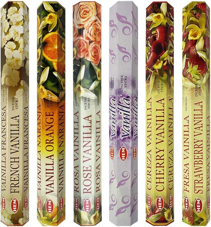 Hem Incense Sticks Variety Pack #18 and Incense Stick Holder Bundle with 6 Vanilla Fragrances
