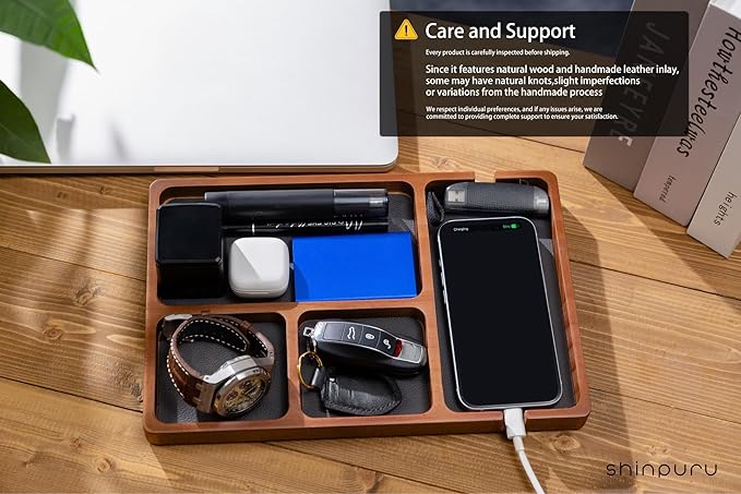 Shinpuru Wooden Valet Tray with Leather Inlay - Nightstand & Desk Organizer - EDC Essentials Catchall Tray for Keys, Phone, Wallet, Watch, Earbuds - Stylish Storage (Wood)