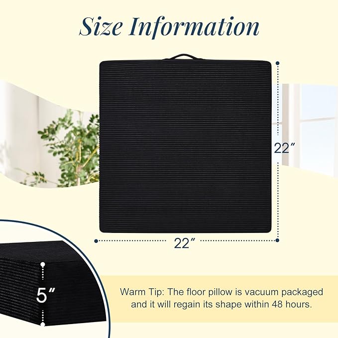 Wellsin Solid Square Floor Pillows for Adults Kids - Large Meditation Floor Pillow Seating Cushion with Thick Foam & Washable Velvet Cover, 2 Pack, 22x22x5 Inch, Black