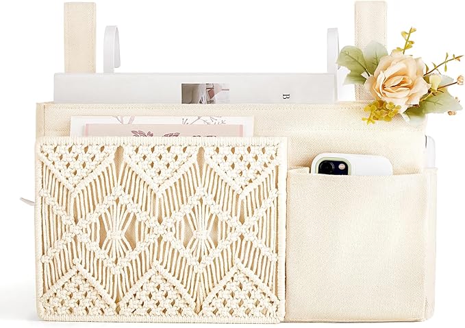 Mkono Bedside Caddy Hanging Organizer, Boho Macrame Storage with Fixed Straps and Hooks, 4 Pockets Holder Remote Magazine Accessories for Home Loft Bunk Bed, Dorm, Hospital Beds