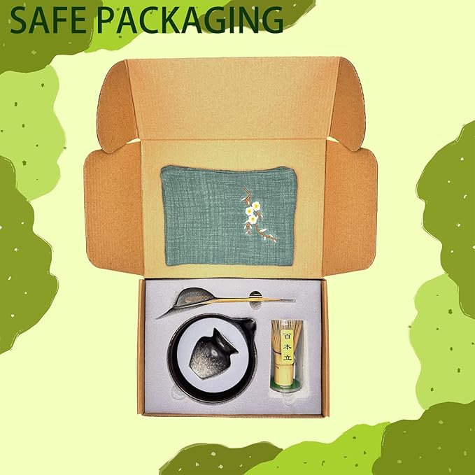 Matcha Whisk Set,7 Pcs Matcha Kit Tea Tools Includes Matcha Bowl with Spout, Sifter, Bamboo Scoop,Tea Towel,Whisk and Holder, Ideal Gift for Matcha Lovers (Black&White)