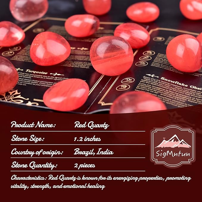 Polished Red Quartz Crystal Stones - 2 Pcs of 1.2" Worry Stone for Anxiety, Pocket Palm Stone Super Large Handpicked Natural Tumbled Gemstones for Meditation, Reiki, Chakra Healing, Home Decor