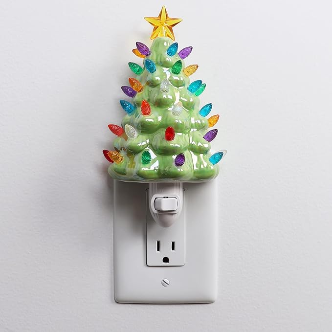 Milltown Merchants Ceramic Night Light - Vintage Christmas Tree with Lights - Mini Decorative Tree (Pearl Green)