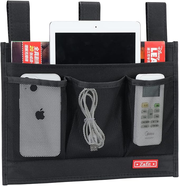 Hanging Bedside Caddy, Bedside Storage Organizer for Magazine, Phone, Remote control (Classic4 Pockets-Black)