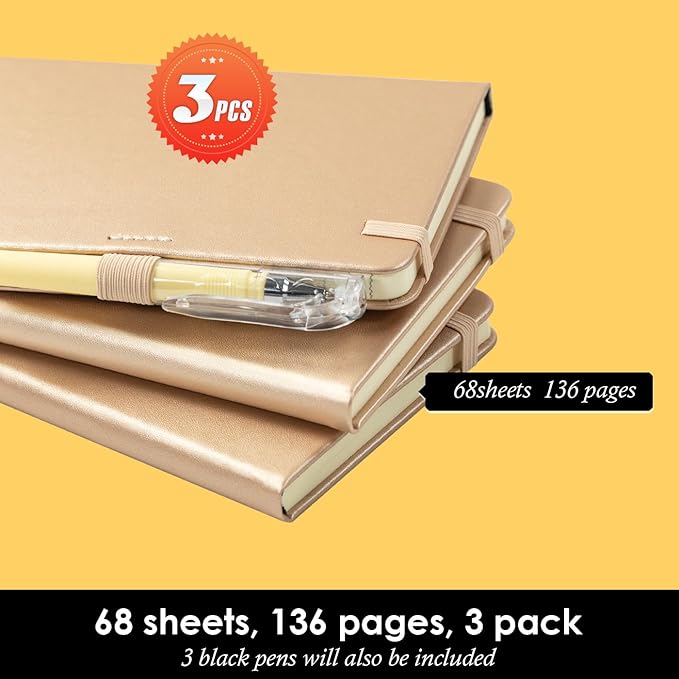 3 Pack Small Notebook 3.7" x 5.7" with Pen, Mini Pocket Size Journal Notepad 100GSM Thick Paper No Bleed, 408 Pages, Note Pad Note Book for Work, Champagne Gold