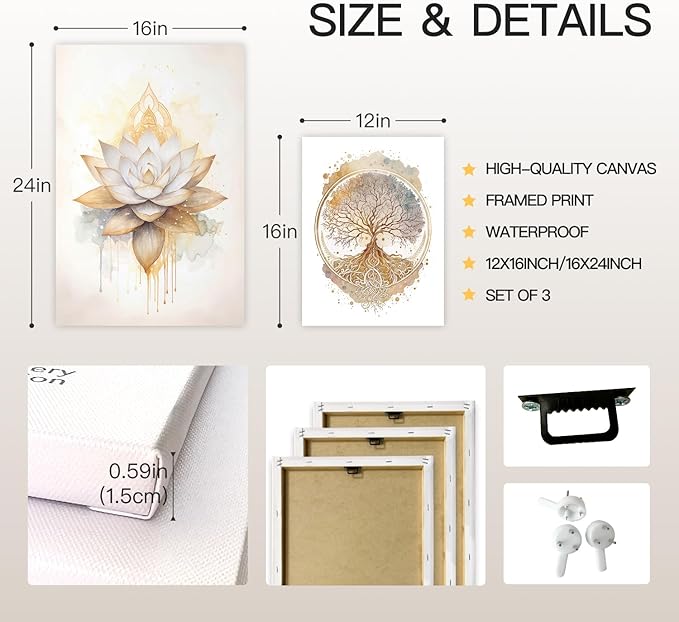 GELDSTEI Tree of Life Wall Art, Calming Zen Wall Decor, Abstract Yin Yang Tree Canvas Painting, Modern Gold Lotus Flower Meditation Poster Print for Living Room Yoga Room Bedroom Framed 16"x24"x3