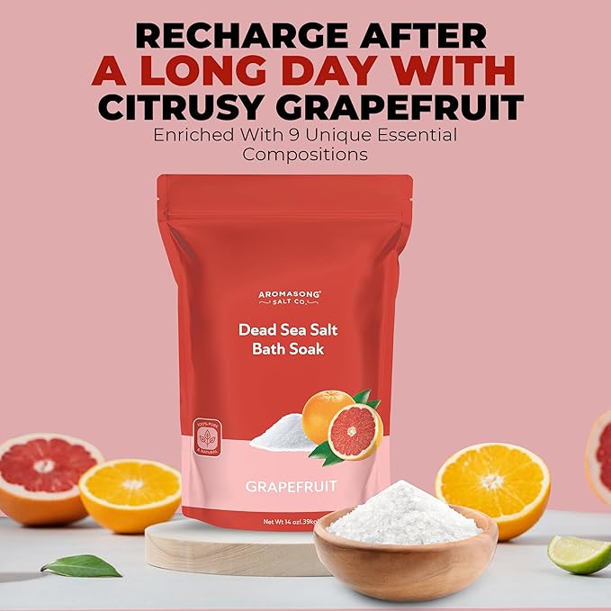 Aromasong Dead Sea Salt - Fine Grain Spa Salt Grapefruit Scent 14 Oz โ 7 Uses Per Pack - Pure & Natural - Used for Body wash Scrub - Soak for Women & Men for Skin Issues and to Relax Tired Muscles