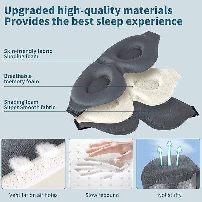 ZGGCD Sleep Mask for Side Sleeper, Light Blocking Sleeping Eye Mask for Women Men, 3D Contoured Cup Night Blindfold, Luxury Eye Cover Eyeshade with Adjustable Strap for Travel, Nap, Grey