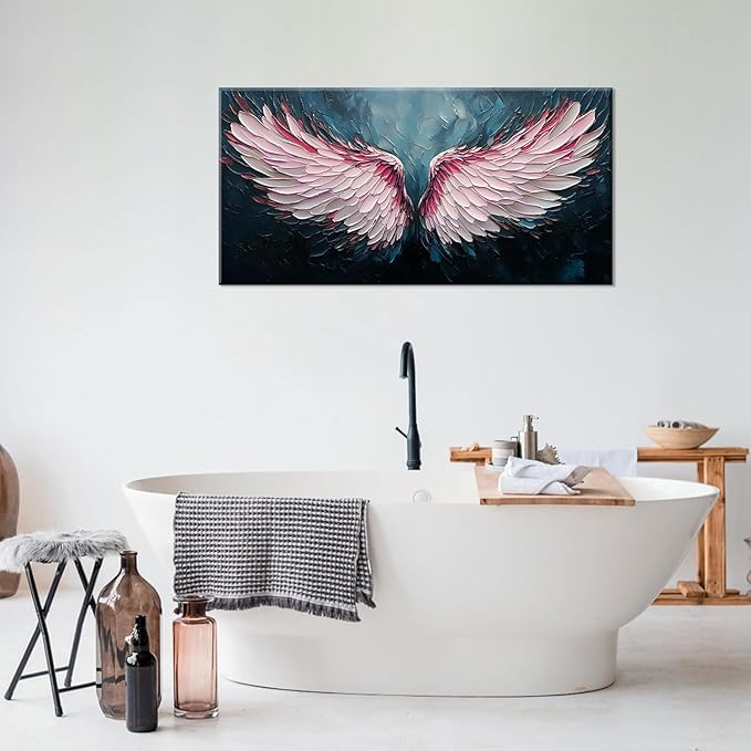 ZESTRILIA Angel Wings Wall Art for Girls Room Pink Navy Blue Canvas Oil Painting Prints Modern Abstract Fantasy Anime Artwork Living Bedroom Office Decor (30x16 Inches)