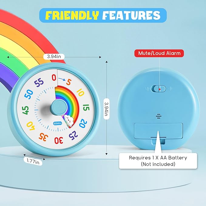 HIPPIH Visual Timer for Kids, 60 Minute Countdown Timers for Classroom Kitchen Office, Rainbow Disk Desk Timer Clock with Silent Operation, Pomodoro Timer Time Management Tools for Toddler ADHD Blue