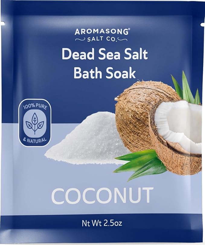 Aromasong Pure Dead Sea Salt 100% Natural Coconut Essential Oil – 2.5 oz. Spa Bath Salt Fine Grain- Christmas Stocking Stuffers for Adults, Kids, Women, and Mens soak Stocking Stuffers for Adults