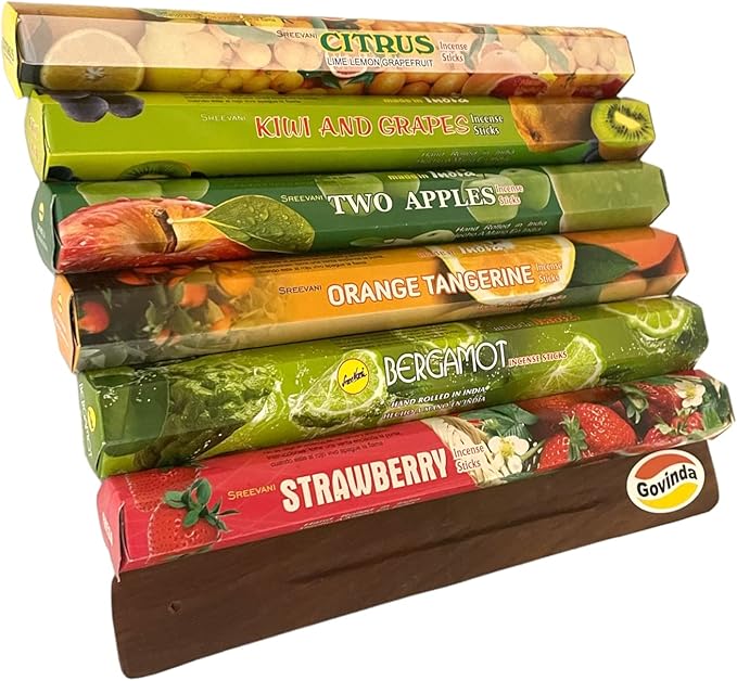 Sreevani Incense Sticks Variety Pack #14 and Incense Stick Holder Bundle Gift Set with 6 Fruity Fragrances