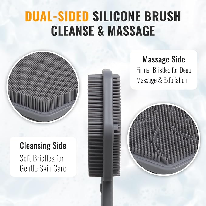 Silicone Back Scrubber for Shower – 21in Extendable Shower Brush with Long Handle – Dual-Sided Back Brush with Non-Slip Grip, Gentle Cleansing & Exfoliation for Men, Women, Elderly (Gray)