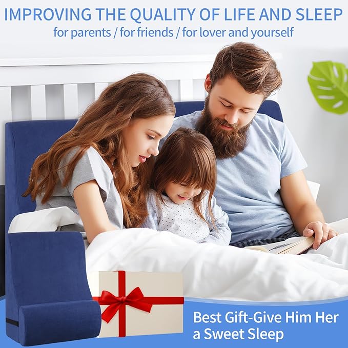 Reading Pillow for Bed Adult, Memory Foam Wedge Pillow Headboard with Adjustable Lumbar Support Backrest Cushion for Sitting in Bed/Resting/Bedrest, Couch or Floor, Blue