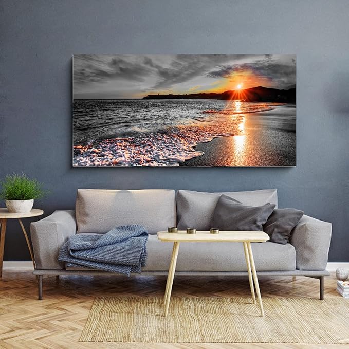 Yxbhhym-Large Canvas Wall Art Living Room Black and White Beach Wall Decor for Bedroom Landscape Ocean Room Decor Sea Sunset Paintings Seascape Prints Art Office Artwork Morden Framed Decorations