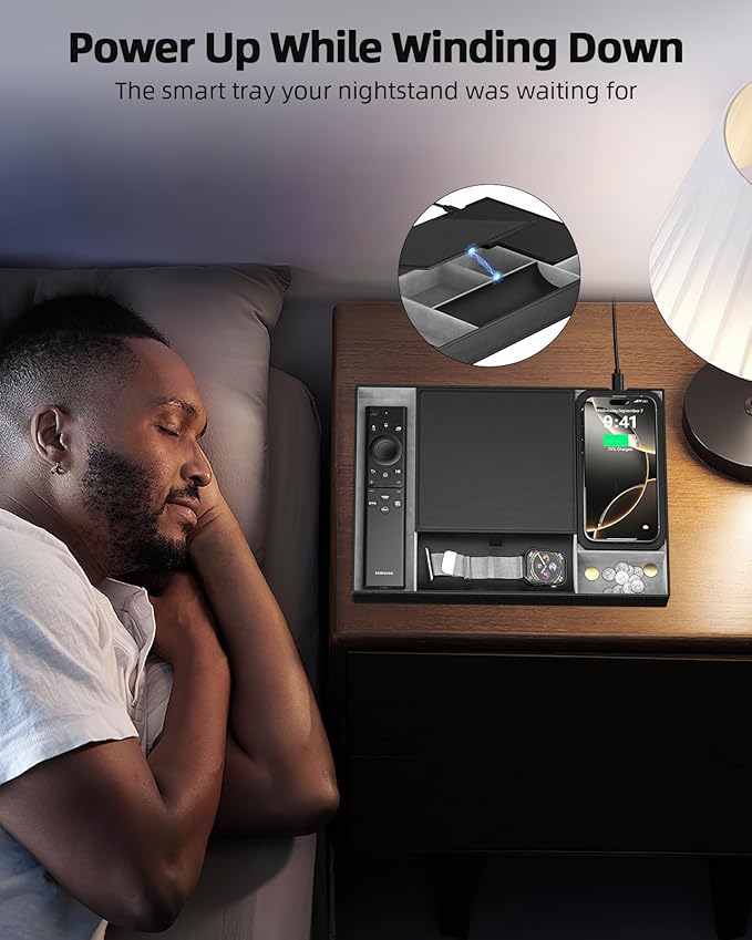 Valet Tray with Wireless Charger, Nightstand Organizer, Leather Desk Drawer Organizer Tray with 7 Compartments for Jewelries, Watch, Key, Wallet, Phone, Black