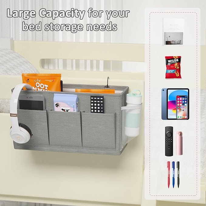 Dual-purpose Bedside Caddy Bedside Organizer, Bed Caddy with 6 Pockets, Versatile Bedside Storage Solution Magazine Remotes holder, ideal for Home, Dorm, Hospital, Crib Bed (Grey 2pcs)