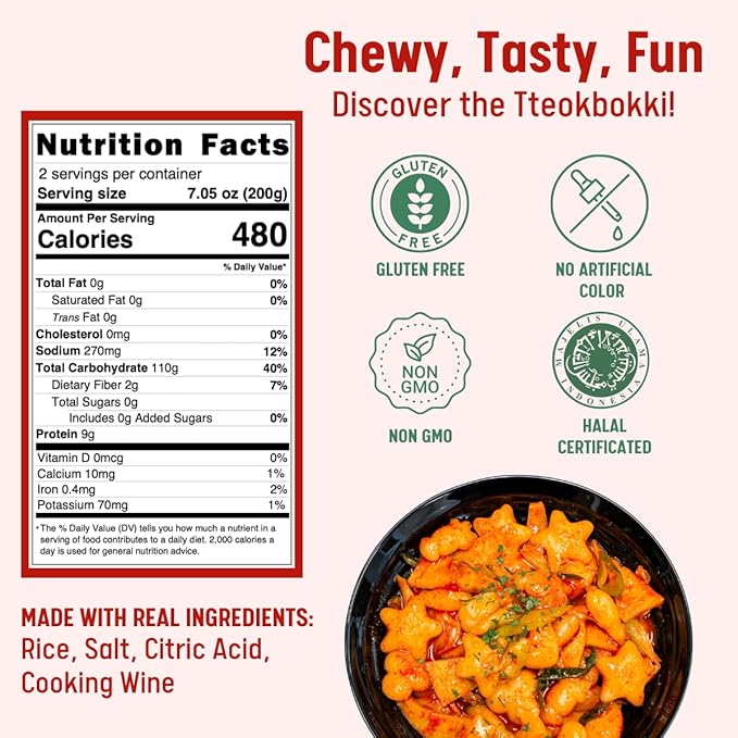 Korean Rice Cake, Tteokbokki, Fun-Shaped & Chewy, 1 Pack (2 Individual Package) Vegan, Non-GMO, Gluten-Free, Easy to Cook, 14.10oz per Pack (2 Pack) (28.2 OZ)