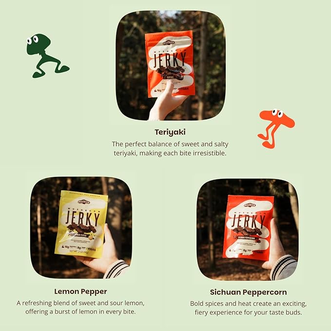 Mourish Mushroom Jerky, Plant Based Meatless Jerky, Variety Pack, Low Fat, High-Fiber Protein Mushroom Vegan Snacks for Outdoor, Travelling, Office, School, 12 Pack