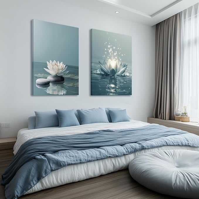 GELDSTEI Calm Zen Botanical Canvas Wall Art, White Lotus Blooming on Stones in Water Aesthetic Pictures, Yoga Spa Meditation Room Decor, Modern Spiritual Poster Prints for Zen Office Framed 12"x16"x3