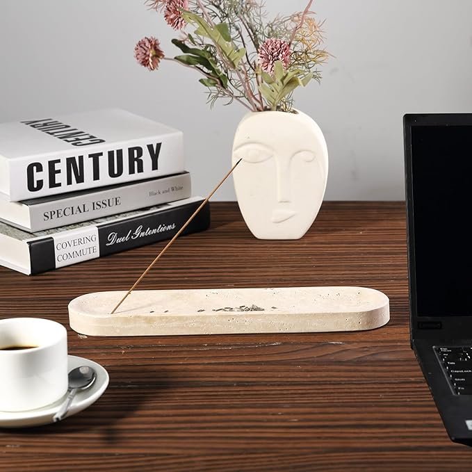 Koville Travertine Incense Holder, Incense Holder for Sticks, Long Incense Sticks Holder Ash Catcher for Meditation Yoga SPA, Natural Stone Incense Burner, Home Table Decor(Beige)