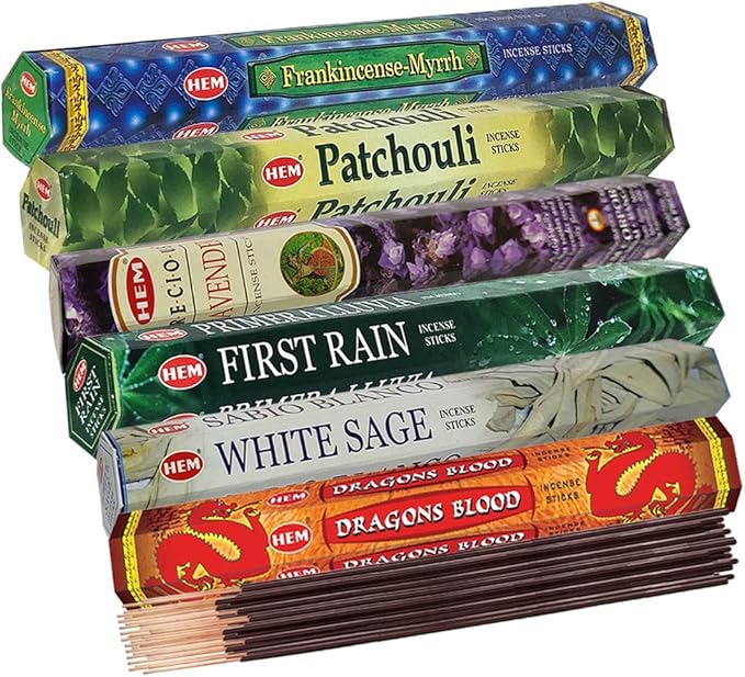 Hem Incense Sticks Variety Pack #23-120 Insence-Sticks (6 Incents x 20 Insense) + Incense Stick Holder with 6 Most Liked Scents Including Patchouli Dragons Blood White Sage Frankincense-Myrrh