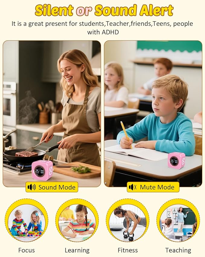 Pomodoro Timer Cube Visual Productivity Flip Timer for Kids Classroom Desk, 5/10/25/50min& Custom Countdown, Silent&Sound Mode Digital Cube for ADHD Study Work School Game Kitchen (Pink)