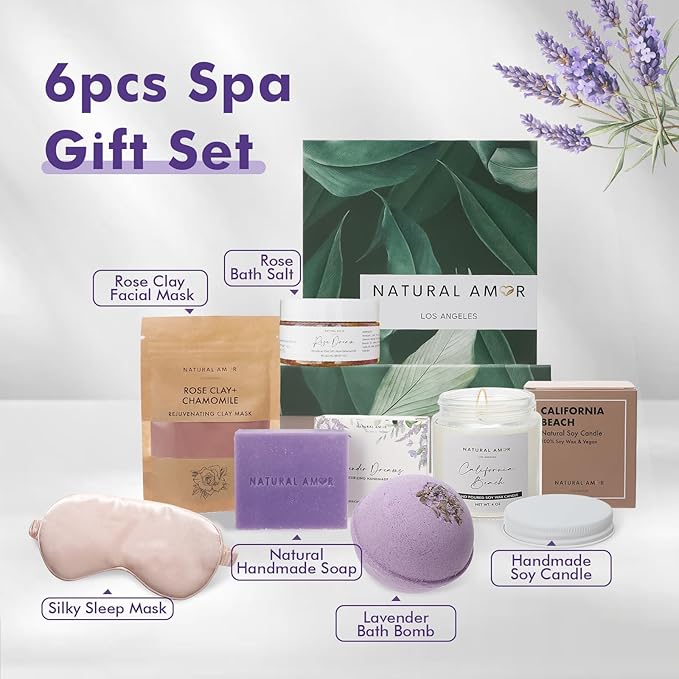 Natural Amor Spa Gift Set for Women – Handmade Lavender Soap, Rose Clay Mask, Candle, Rose Bath Salt & Sleep Mask – Relaxing Self Care Kit, Birthday Gift Box for Her