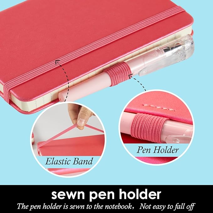 3 Pack Small Journal Notebook with Pen, Mini Pocket Leather Notepad Notebook 3.7" x 5.7" with 408 Pages, Ribbon Bookmark, Pearlescent Pink